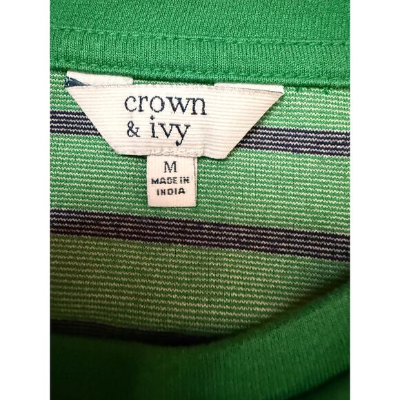 Crown & Ivy Green Navy Striped Blouse Medium – Preppy Peplum Contrast Hem - Picture 2 of 7